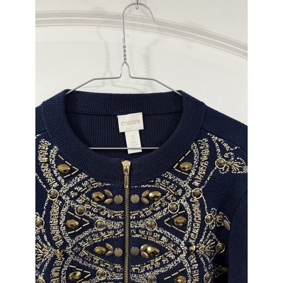 Chico’s Demitria Cardigan Navy Gold Beaded Embroidered Zip Jacket Sz 1 - Picture 8 of 14
